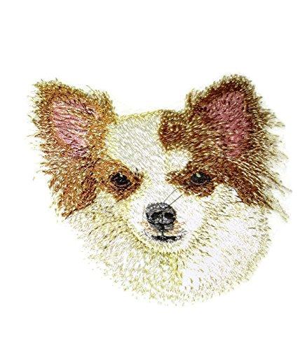 Chihuahua Dog Faces embroidery patch, measuring 4x3.63 inches, showcasing intricate stitching and vibrant colors on a cotton base.